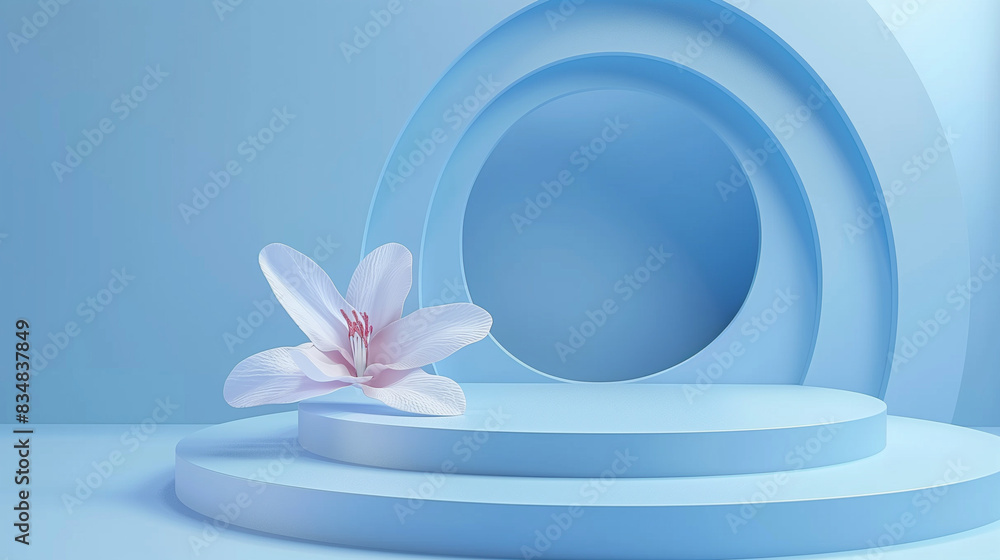 Front view of white podium with and flower in blue background for advertising , abstract content. Pedestal for cosmetic product and packaging mockups display presentation. empty stage. Front view of white podium with and flower in blue background for advertising , abstract content. Pedestal for cosmetic product and packaging mockups display presentation. empty stage.