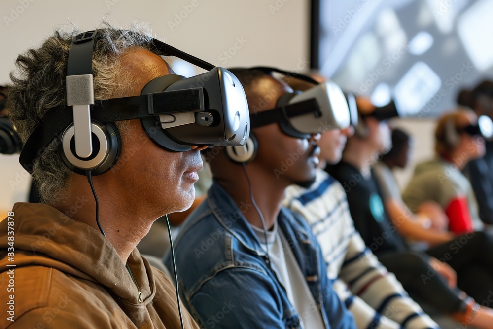 A varied group of people wearing virtual reality headsets, immersed in a digital simulation. A varied group of people wearing virtual reality headsets, immersed in a digital simulation.