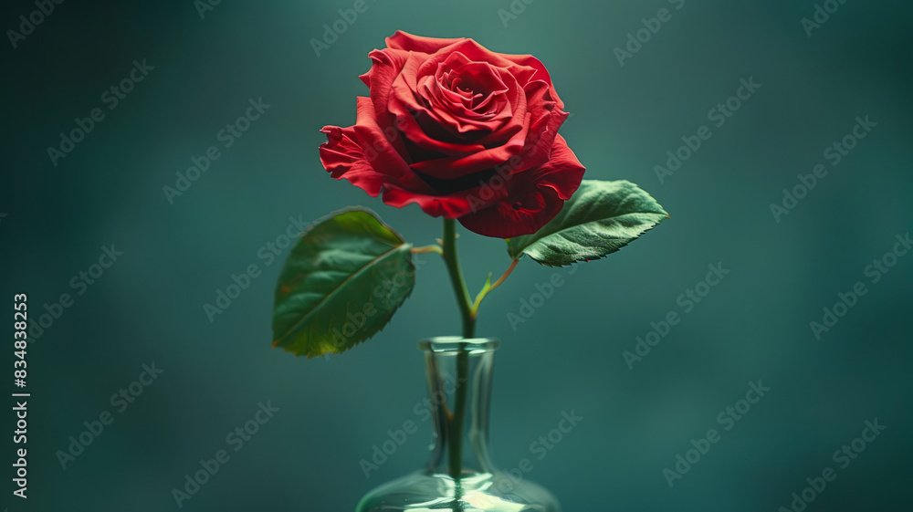 Fototapeta premium A single red rose in a glass vase against a dark background.
