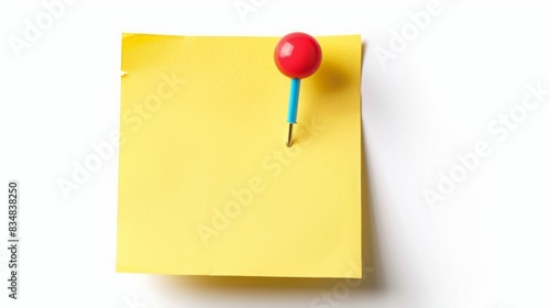 Yellow sticky post it notew with pin isolated on white background photo