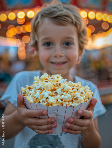 Boy holding popcorn at an amusement park with bright lights.