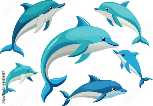 Cartoon drawing dolphins in the seascape-