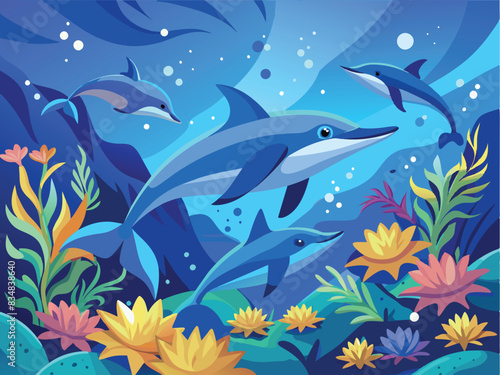 Cartoon drawing dolphins in the seascape-