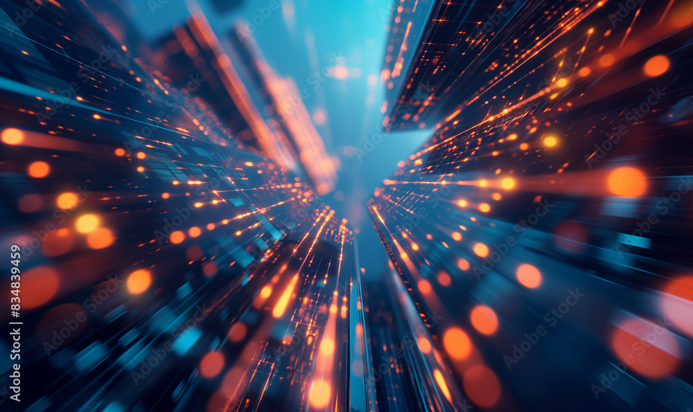 Abstract high-speed data transmission background with glowing digital lines and particles in blue and orange hues Abstract high-speed data transmission background with glowing digital lines and particles in blue and orange hues