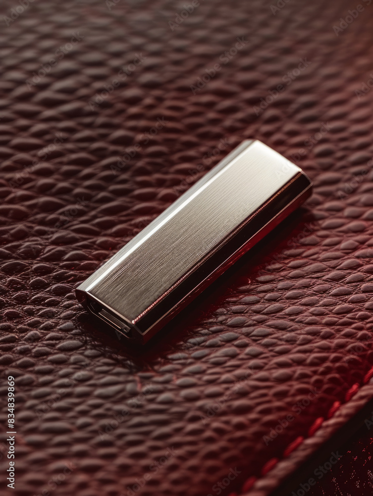 Metallic USB drive on textured brown leather surface Metallic USB drive on textured brown leather surface
