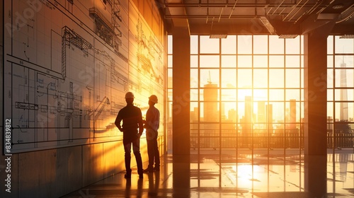 Large blueprint showing megaproject plan on a wall, engineers in discussion, sunlit room with major construction activity visible outside. photo