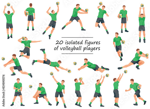 African volleyball team players in green T-shirts in various poses training, running, jumping, throwing, hitting the ball