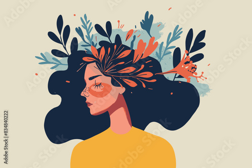 Young Woman Suffering from Mental Health Struggles: Depressed Girl Surrounded by Symptoms of Anxiety, Crisis, and Exhaustion, Vector Illustration photo