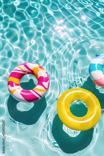 Bright inflatable rings floating in a sunlit swimming pool. The water is clear and sparkling  with the rings creating colorful reflections.