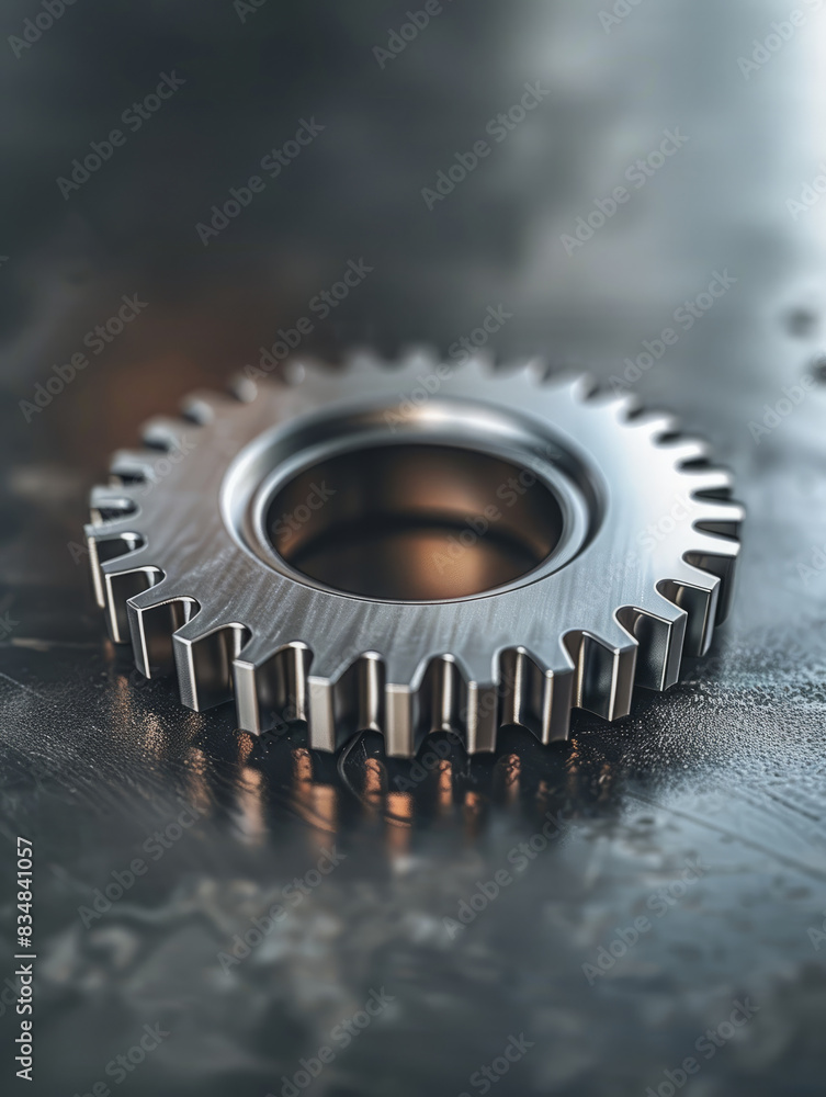 Close-up of a metal gear on a textured surface. Close-up of a metal gear on a textured surface.