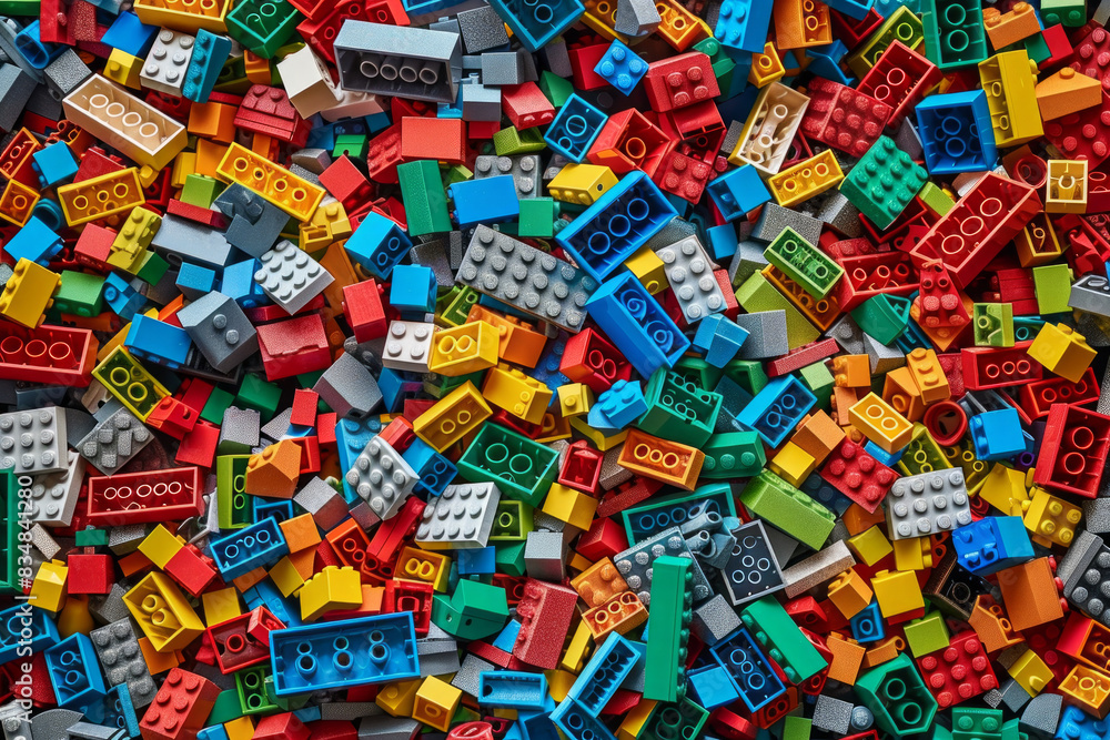A chaotic yet colorful jumble of toy bricks, tightly packed to fill the entire frame. The bricks come in various sizes and an array of colors including red, blue, green, yellow, and white, A chaotic yet colorful jumble of toy bricks, tightly packed to fill the entire frame. The bricks come in various sizes and an array of colors including red, blue, green, yellow, and white,
