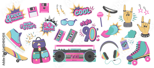 90's mood set illustration in flat design. Pop art stickers 90's flat design. Attributes of pop culture of the 90's. Vector illustration
