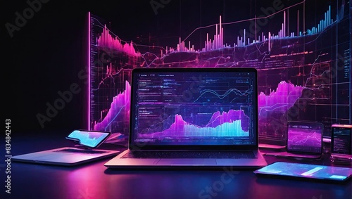 A phone and a laptop with a purple screen that says graph on it.