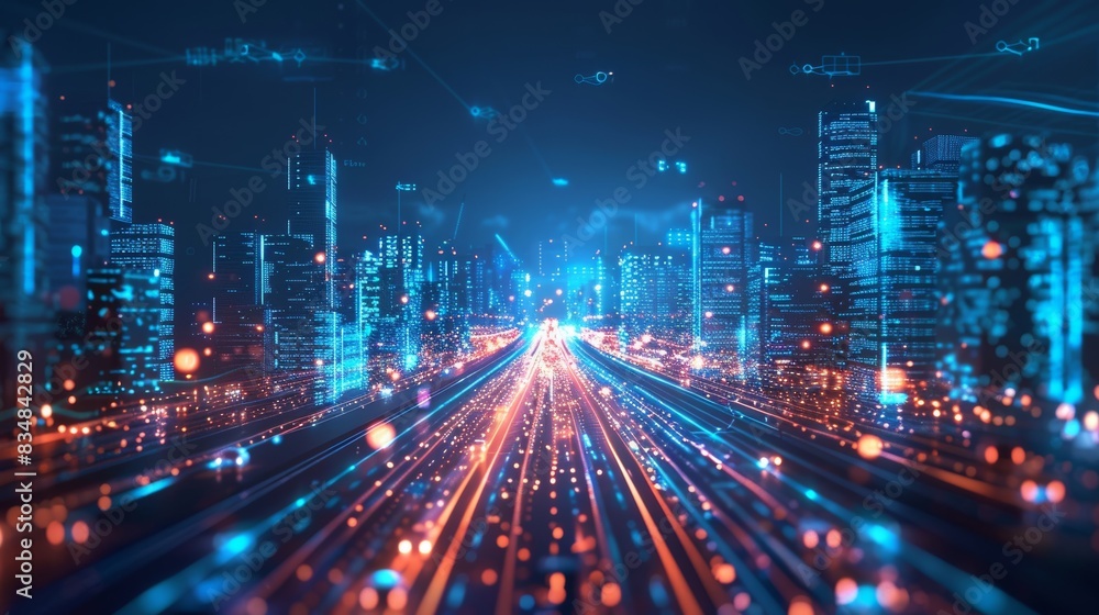 Fototapeta premium Autonomous vehicle highway in a smart city, digital communication lines, futuristic urban landscape, advanced transportation system, night cityscape