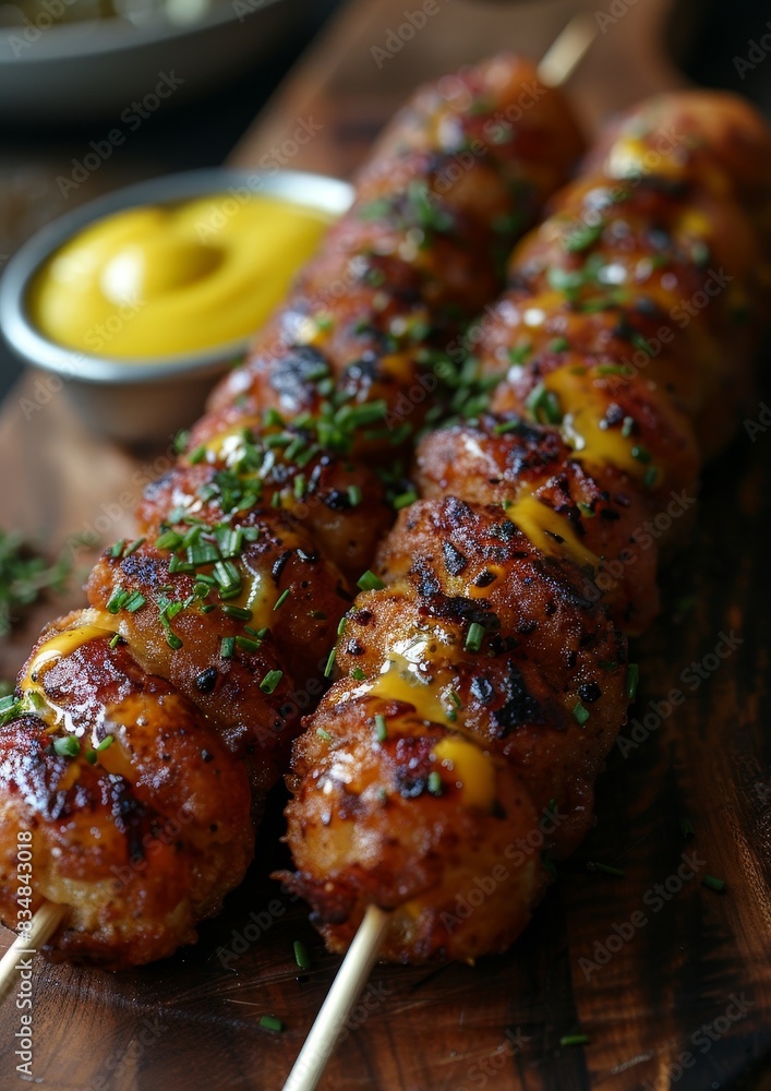 Corn Dog - Corn dog with a crispy coating and a side of mustard. Corn Dog - Corn dog with a crispy coating and a side of mustard.