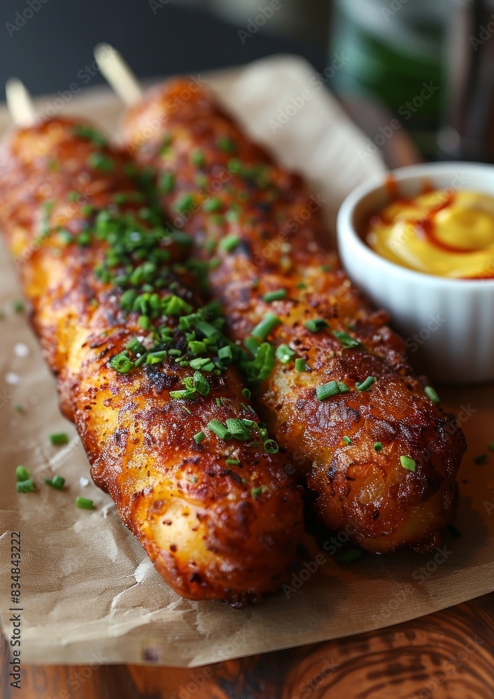 Corn Dog - Corn dog with a crispy coating and a side of mustard. Corn Dog - Corn dog with a crispy coating and a side of mustard.