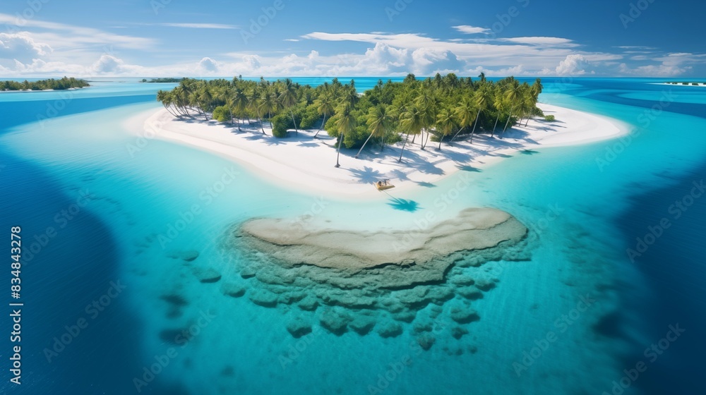 Aerial view of a tranquil, tropical island surrounded by clear blue ocean
