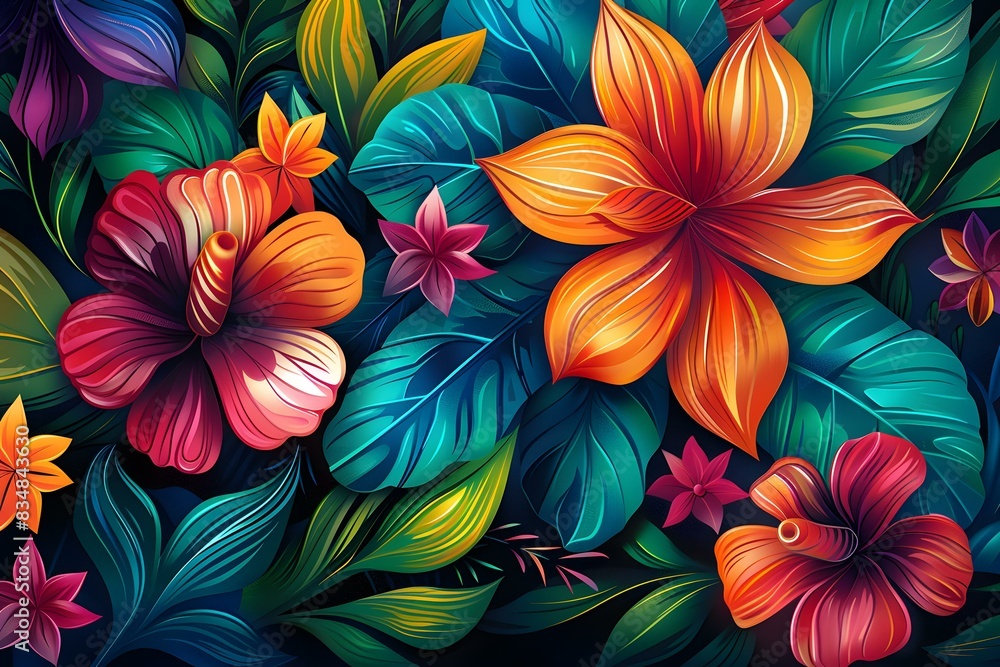 Vibrant Tropical Flowers and Lush Green Foliage Vibrant Tropical Flowers and Lush Green Foliage