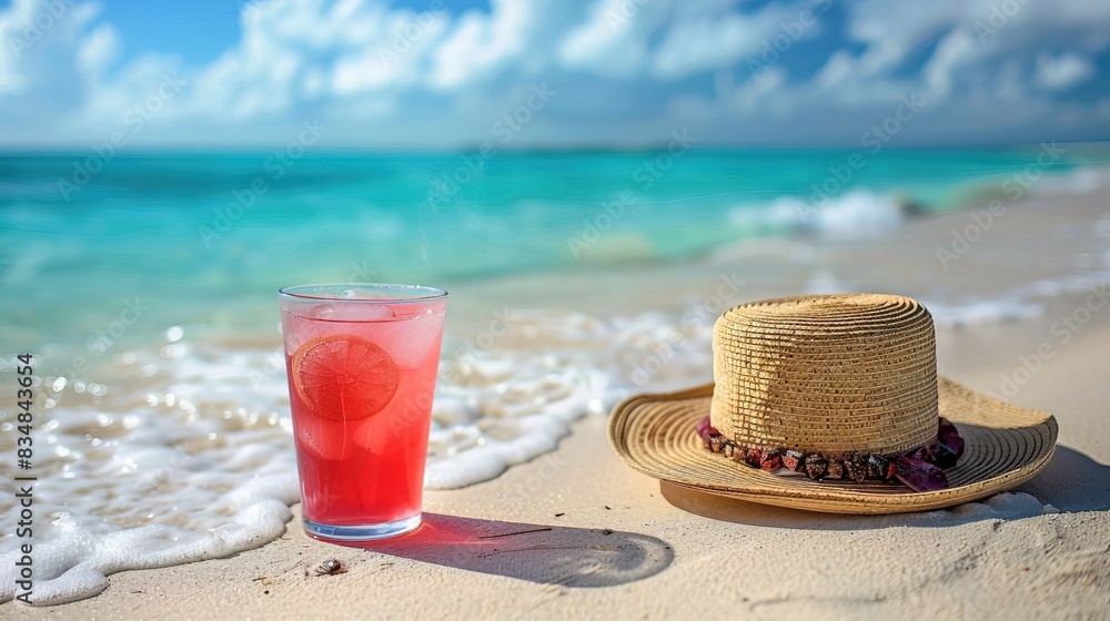 Straw hat with a exotic cocktail on sand beach Straw hat with a exotic cocktail on sand beach