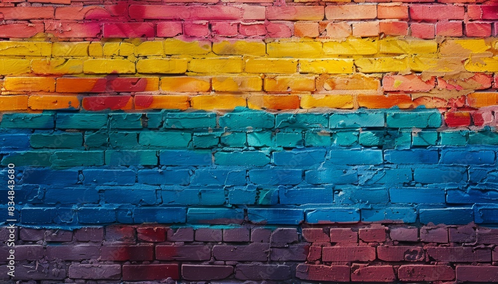 Colorful gradient brick wall mural. Vivid hues transitioning from yellows to reds, blues, and purples. Urban street art background. Colorful gradient brick wall mural. Vivid hues transitioning from yellows to reds, blues, and purples. Urban street art background.