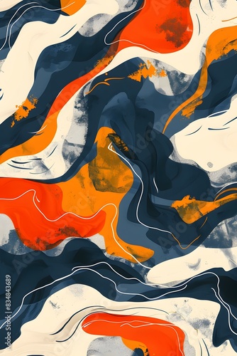 Abstract painting with blue  orange and white colors