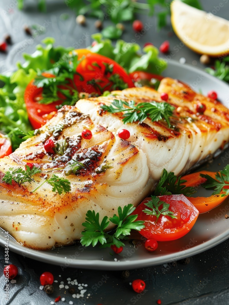 Grilled fish fillet with vegetables on a plate. Grilled fish fillet with vegetables on a plate.