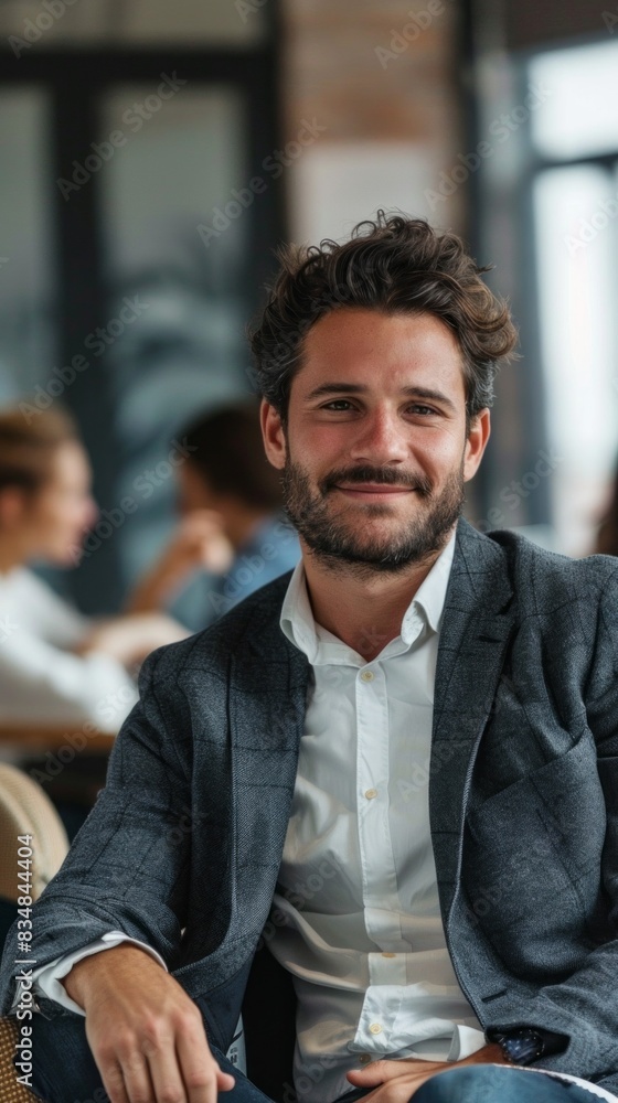 A man with a beard and a white shirt is sitting in a chair A man with a beard and a white shirt is sitting in a chair