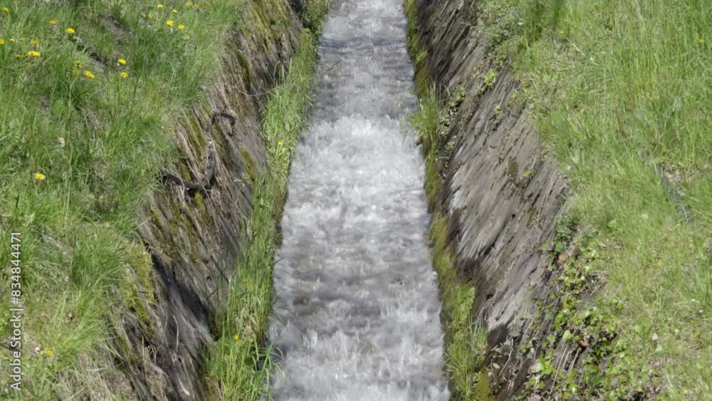 The controlled flow of a stream surrounded by grass and wild flowers in modern times. The controlled flow of a stream surrounded by grass and wild flowers in modern times.