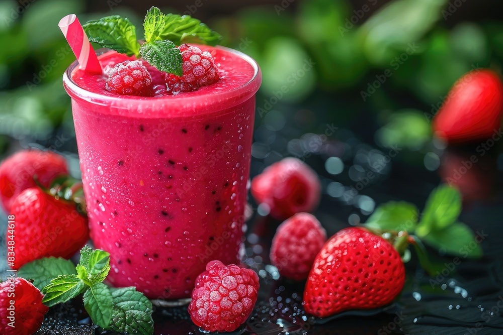 A refreshing raspberry and blackberry smoothie garnished with mint, a drink ideal for summer days and health A refreshing raspberry and blackberry smoothie garnished with mint, a drink ideal for summer days and health