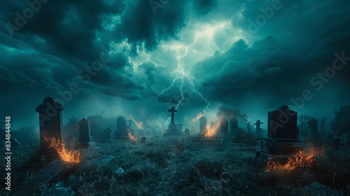 Creepy graveyard with dark clouds  lightning  and thunder  ominous tombstones  horror movie atmosphere