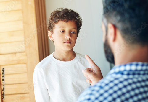 Cuadro en lienzo Sorry, dad and discipline child in home with learning a lesson from mistake or strict parents