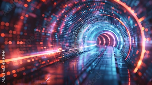 Digital tunnel with futuristic lighting and data flow, abstract technology and innovation theme, AI representation