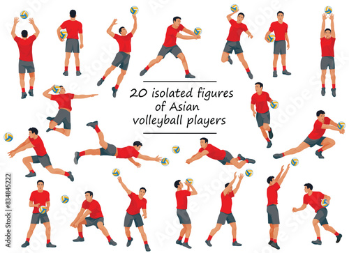 Vector figures of Asian volleyball team players in red T-shirts in various poses training, running, jumping, throwing, hitting the ball