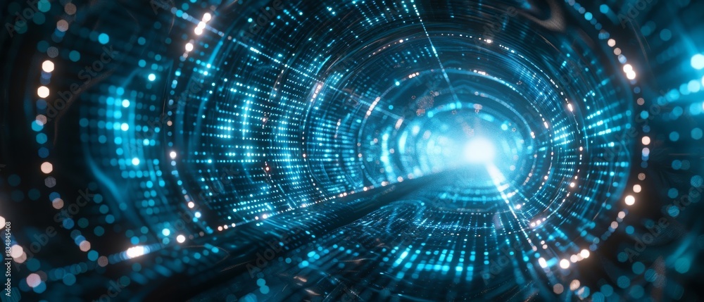 Obraz premium Futuristic data tunnel with glowing lights, abstract technology and innovation theme, AI concept