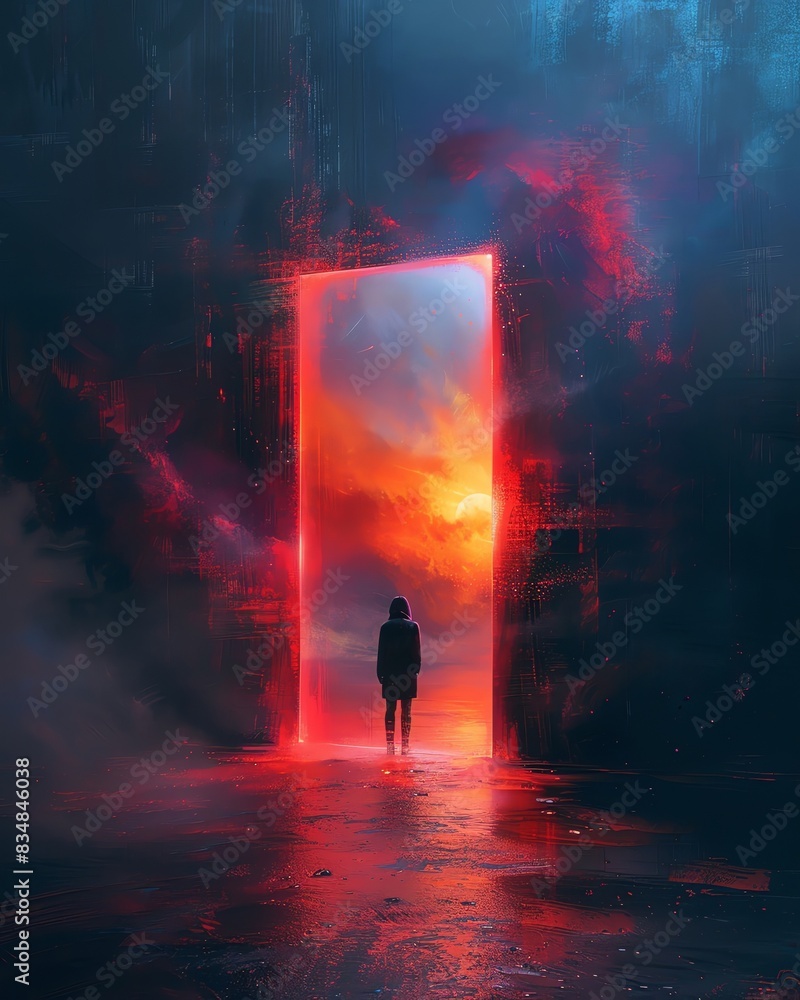 Silhouette of a person standing in front of a glowing red doorway, surrounded by a mysterious, misty atmosphere. Silhouette of a person standing in front of a glowing red doorway, surrounded by a mysterious, misty atmosphere.