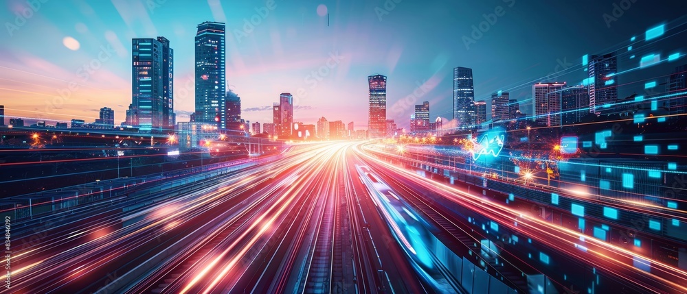 Maglev train speeding through an urban landscape, digital connectivity, futuristic city skyline, seamless technology integration, highspeed transportation network Maglev train speeding through an urban landscape, digital connectivity, futuristic city skyline, seamless technology integration, highspeed transportation network