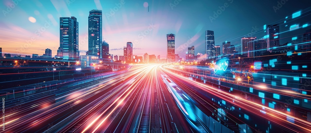 Maglev train speeding through an urban landscape, digital connectivity, futuristic city skyline, seamless technology integration, highspeed transportation network