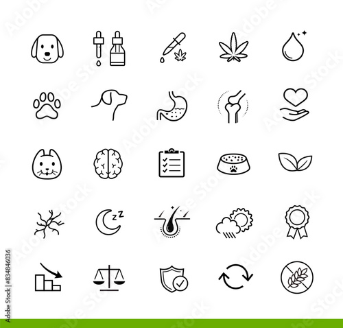 Set icons for pet hemp oil, cbd. The outline icons are well scalable and editable. Contrasting vector elements are good for different backgrounds. EPS10.
