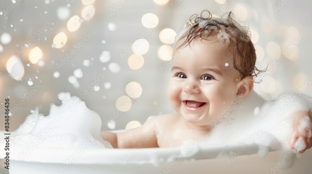 Adorable baby with foam in the bathtub, having fun and leaving copyspace Adorable baby with foam in the bathtub, having fun and leaving copyspace
