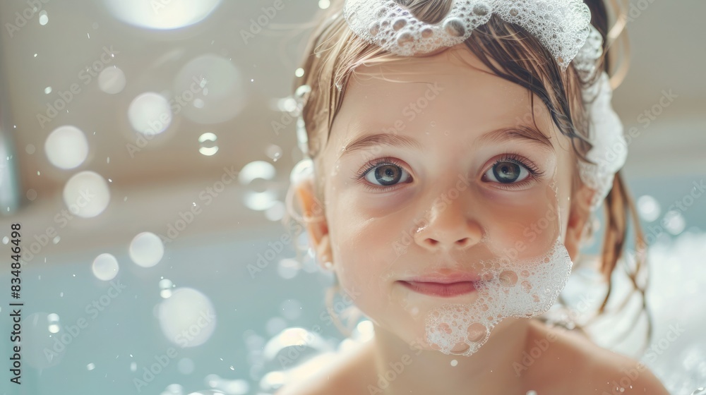 Adorable girl with a bubble beard in the bathtub, enjoying her bath and copyspace Adorable girl with a bubble beard in the bathtub, enjoying her bath and copyspace