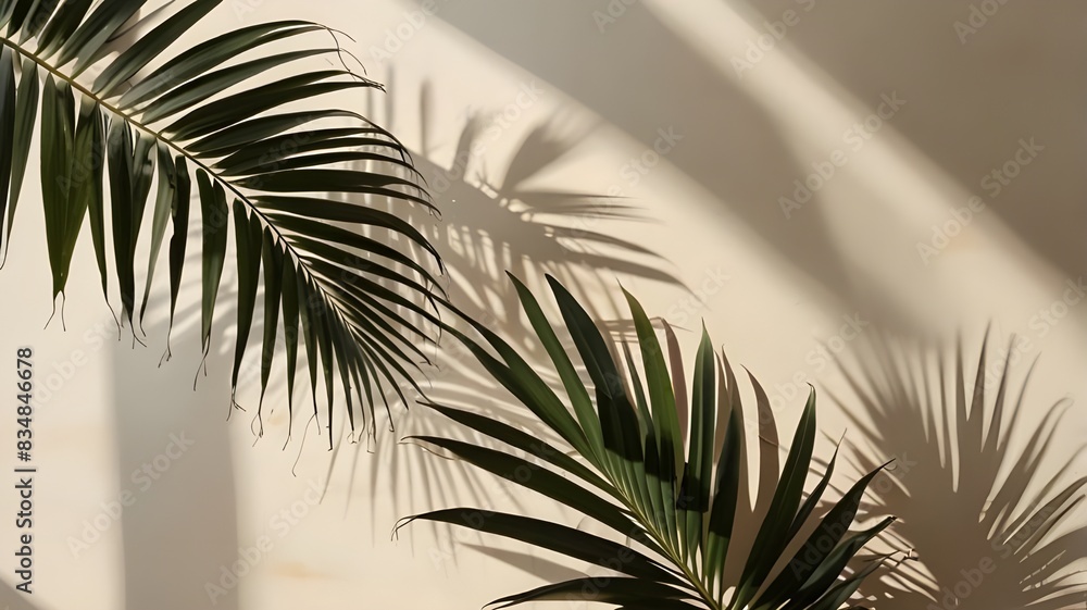 Fototapeta premium Blurred shadow from palm leaves on light cream wall. Minimalistic beautiful summer spring background for product presentation