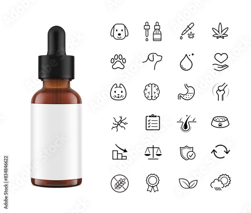 Realistic dropper bottle mockup isolated on white background with set icons for pet hemp oil, cbd. Vector illustration. Сan be used for cosmetic, medical and other needs. EPS10.