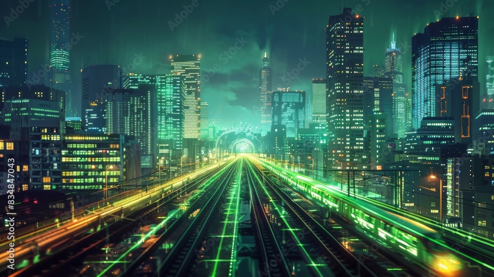 Smart city with green energypowered highspeed trains, digital network overlays, futuristic urban design, sustainable transportation, night cityscape