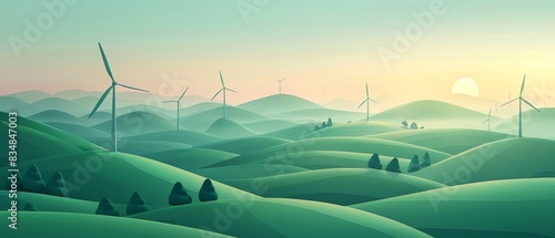 Renewable energy with wind turbines, green hills, ESG abstract landscape, sustainable concept photo