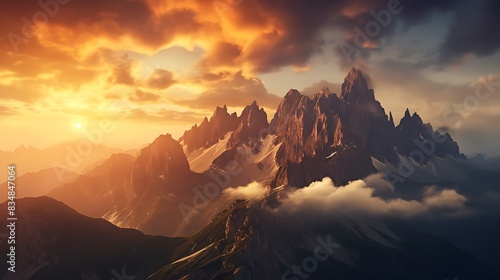 Silhouette of thr Dolomites mountains at sunset photo