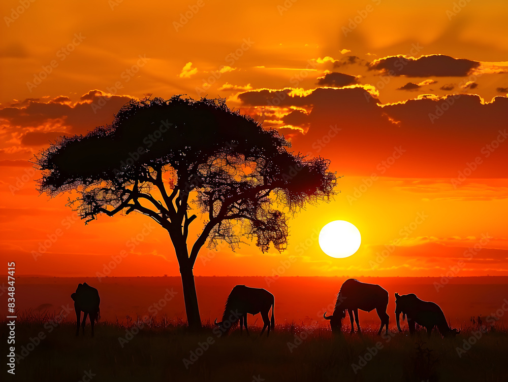Vibrant sunset paints the sky over the African savannah, silhouettes of trees and wildlife visible.
