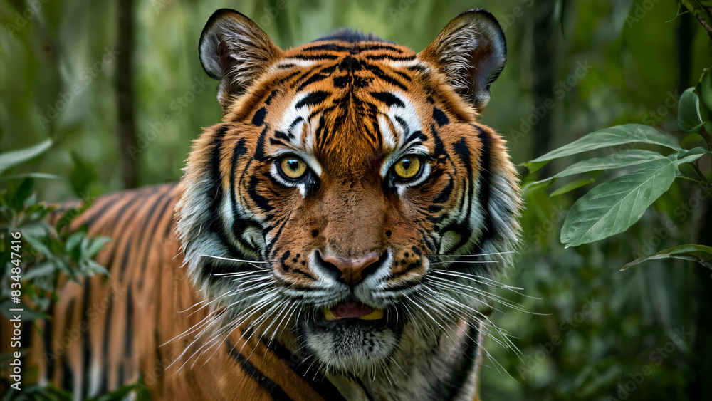 Fototapeta premium tiger portrait with intense stare in its natural jungle habitat