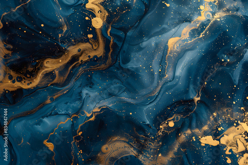 Abstract paint background by deep blue and gold color with liquid fluid texture in luxury concept. photo