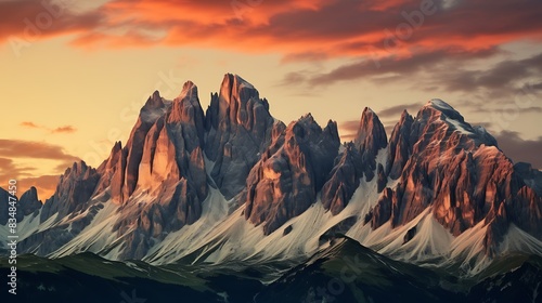 Silhouette of thr Dolomites mountains at sunset photo