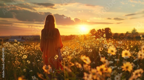 Amidst the serene landscape, a woman savors the peacefulness of rural living, gathering blooms in the warm hues of the setting sun.